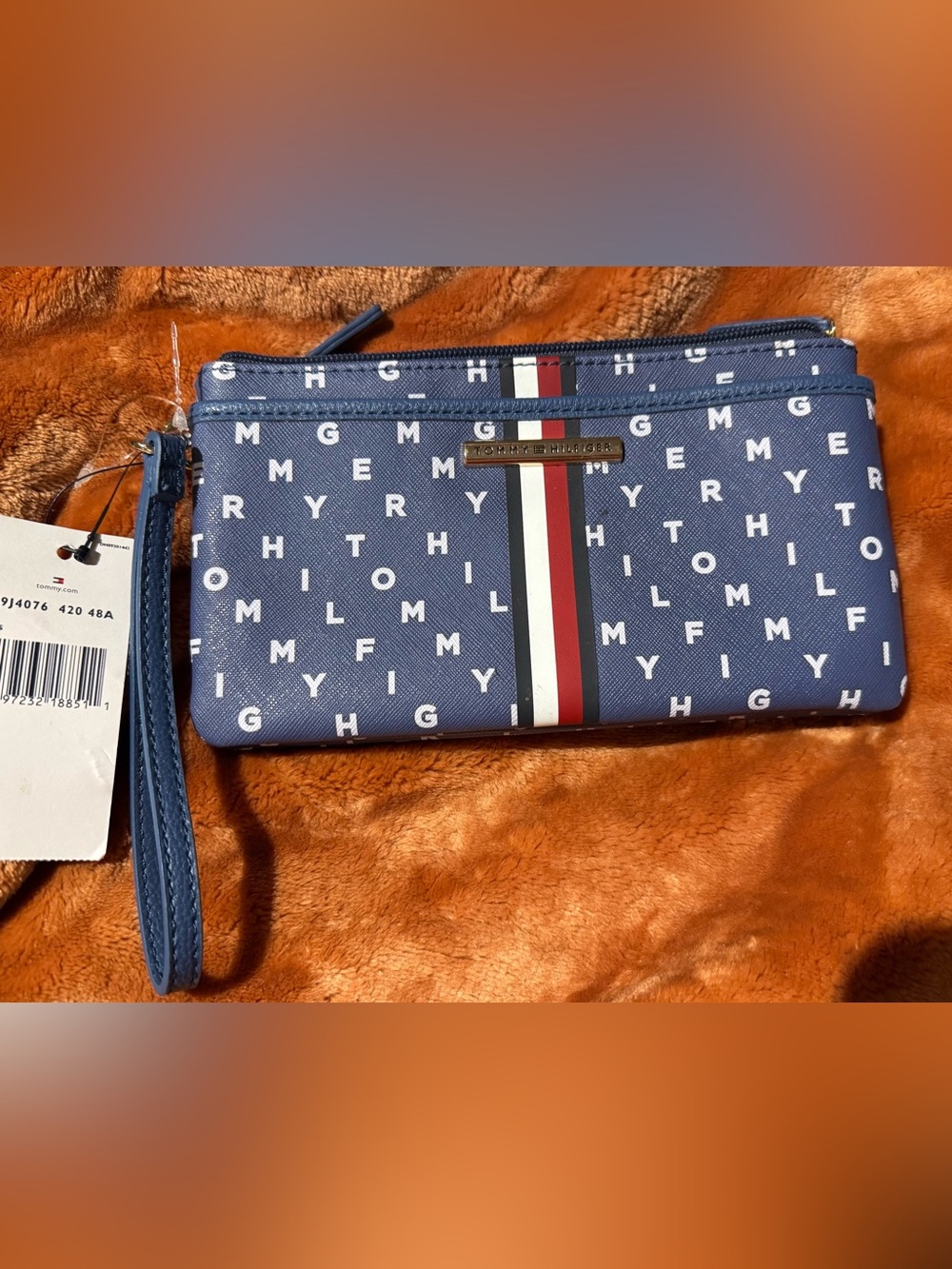 Tommy Hilfiger Blue Logo Print Wristlet with Removable Strap